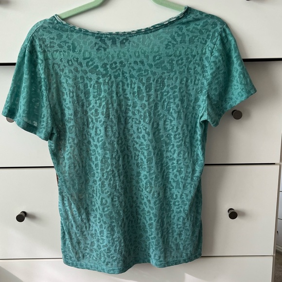 Bay Studio Teal and Brown Floral Short Sleeve Top with a sheer leopard print. - Picture 2 of 6
